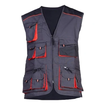 Image of Multi Pocket Waistcoat Mens Safety Work Vest Black and Orange for Construction Workers, Mechanics, Electricians, Quality Product, XXXL