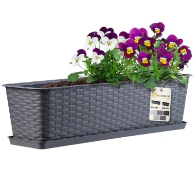 Image of KADAX Rattan like Planter, Plastic Long Box with Drainage Holes and Saucer, Rectangular Outdoor Plant Pot for Balcony, Railing, Windowsill (60 cm, Graphite)