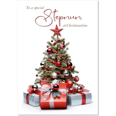 Image of doodlecards Stepmum Christmas Card Tree and Parcels Medium Size for with Plain Envelope