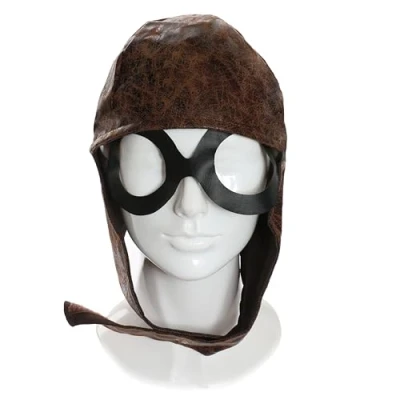 Image of Adults Aviator Hat Brown 1940s Distressed Leather Look Cap With Attached Pair Of Goggles WW2 Pilot Fancy Dress Costume Accessory Pack 1