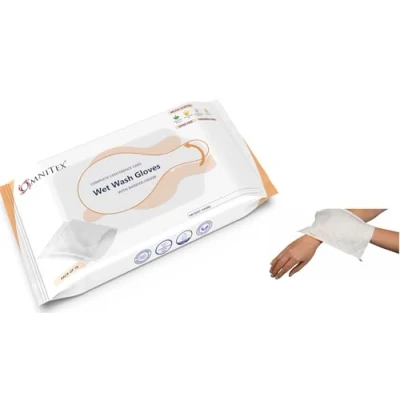 Image of 10pk Omnitex Rinse Free Bed Bath Wet Wash Gloves Microwaveable With Dimethicone Barrier Cream, Aloe Vera &amp; Vitamins Incontinence Wipes in Rectangular Mitt Shape Paraben Alcohol