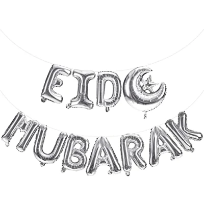Image of Mubarak Happy Eid Letter Foil Balloons Decoration Balloon Banner Set 16&quot; Metallic Silver Rose Gold (Silver)