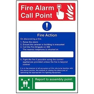 Image of VSafety Caravan Site Fire Action/Your Assembly Point Is: Sign Portrait 200mm x 300mm 1mm Rigid Plastic