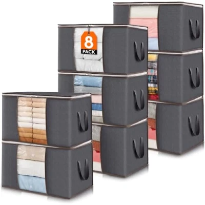 Image of Lifewit 8 Pack Clothes Storage Bags, Foldable Box Moving Bags Wardrobe Organiser Packing Boxes for House with Clear Window Clothing Bedding Blankets, Grey
