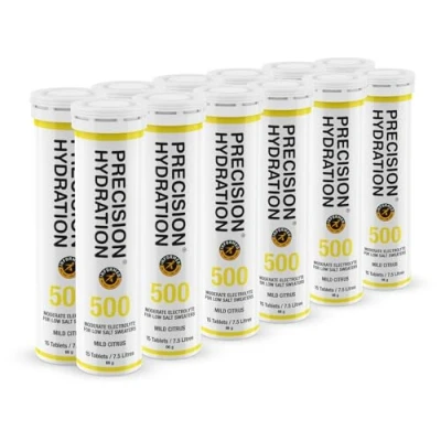 Image of Precision Hydration Lite Electrolyte Tablets Multi Strength Effervescent Combats Cramp Low Calorie, Gluten Free, Vegan/Vegetarian Friendly (12 Tubes, 500mg/L Yellow Tube)