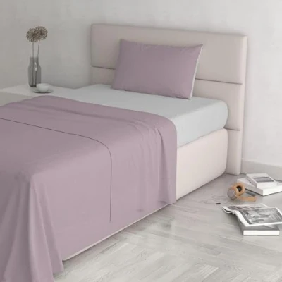 Image of Italian Bed Linen Natural Color Set (Flat 150x300, Fitted Sheet 90x200cm+Pillowcase 52x82cm), Petrol Bottle Green, Misty Rose/Light Gray, SINGLE
