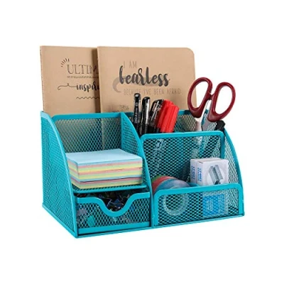 Image of EasyPAG Office Mesh Desk Tidy Versatile Stationery Storage Desktop Organiser Pen Holder with Drawer,Turquoise