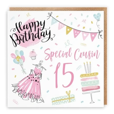 Image of Hunts England Cousin 15th Female Birthday Card For Her Happy Special 15 Party Collection Fun, Pink Dress, Cake Pretty