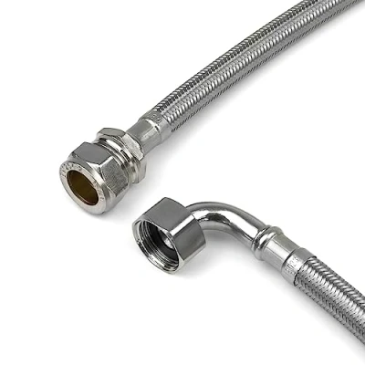 Image of Xcel Home WRAS Approved Elbow (90) 1/2 x 15mm Compression 300mm Flexible Pipe Connectors 2 Sizes Single BSP Elbowed Stainless Steel Braided Flexi Pipes for Boilers, Plumbing