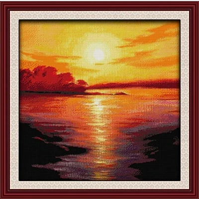 Image of CaptainCrafts Cross Stitch Kits, Seascape Counted Unpreprinted Fabric DMC DIY Art Embroidery Kits (Unpreprinted 14CT, Sea in Twilight)