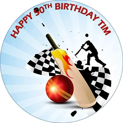 Image of Cricket Icing or wafer circle round edible cake topper (Age can be Changed) (Icing)