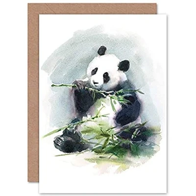 Image of Wee Blue Coo Panda Eating Watercolour Greeting Card With Envelope Inside Premium Quality