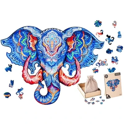 Image of Engelhart 602030 Wooden Puzzle Animals: Elephant Head A4 Unique 83 Pcs Shape Adult Family Game Gift Box Ages 12+ 21 x 29.7 cm