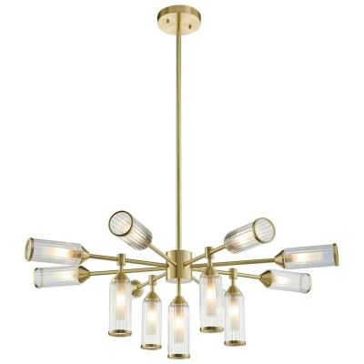 Image of Trieste Multi Arm Pendant Ceiling Light Satin Brass Plate, Clear, Frosted Glass