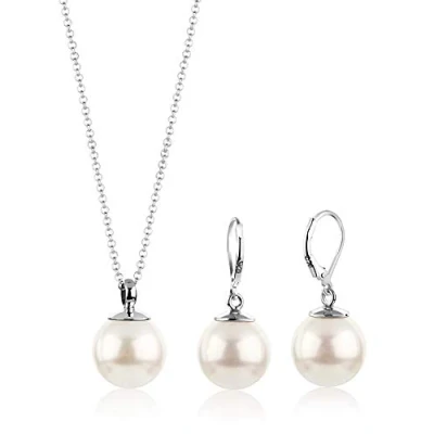 Image of Nenalina Women&#039;s Jewellery Set with Pearl (14 mm), Necklace Pendant and Earrings Made of Shell Pearls, Earring for Women, Bridal Jewellery, 925 Sterling Silver, Length 45