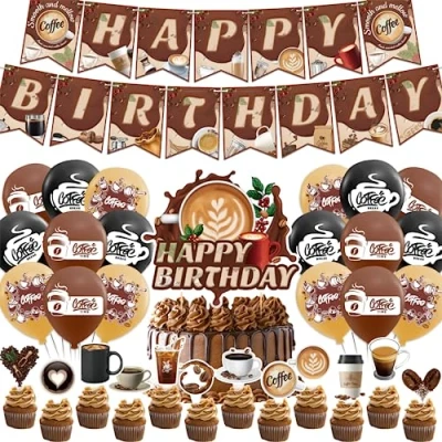 Image of Coffee Birthday Decorations Party Supplies Includes Happy Banner Cake Topper Cupcake Toppers Balloons for Themed