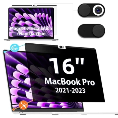 Image of Privacy Screen MacBook Pro 16 Inch (2021 2024, M1, M2, M3, M4) A3403,A2991,A2780,A2485, Magnetic Removable Matte Anti Blue Light Glare Filter 16inch Protector for Mac 16.2&quot; Laptop