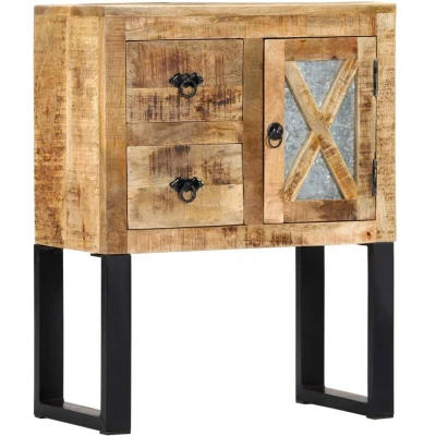Image of vidaXL Solid Mango Wood Sideboard with Galvanized Steel Legs Unique Decorative Patterning Ample Storage Space including 2 Drawers and 1 Door Durable &amp; Sturdy Construction Perfect for Livin...
