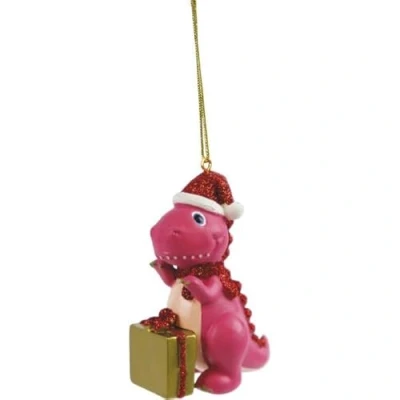 Image of Personalised Cute Pink Dinosaur Hanging Christmas Decoration Ornament Bauble with engraved name