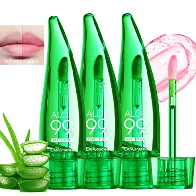 Image of Mrettick 3PCS Aloe Vera Lip Gloss, Long Lasting Nutritious Balm Moisturizing Oil for Treatment and Dry Lips, Color Changing Lipstick Tinted Set (A)