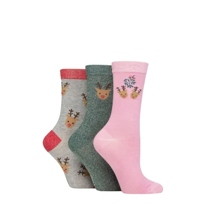 Image of Women&#039;s 3 Pair SOCKSHOP Wildfeet Christmas Patterned Bamboo Socks Reindeers 4 8
