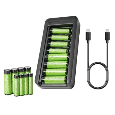 Image of Amazon Basics Rechargeable NiMh AAA 800mAh 8 Pack + AA 2000mAh Pack, with Bay Battery Charger, No AC Power Adapter, USB C Port, Black