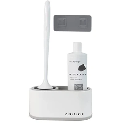 Image of CRAVE Silicone Toilet Brush with Holder Set and Storage Compartment for Accessories. Grey Long Handled Flexible Cleaner Flooring/Wallmount.
