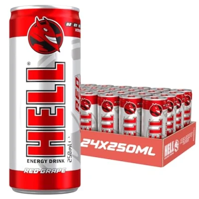 Image of HELL Energy Drink Red Grape Flavour 24 x 250ml Cans Multipack 32mg/100ml Caffeine Contains Vitamins B2 B3 B5 B6 B12 Preservative Free Vegan Reduce Fatigue &amp; Boost