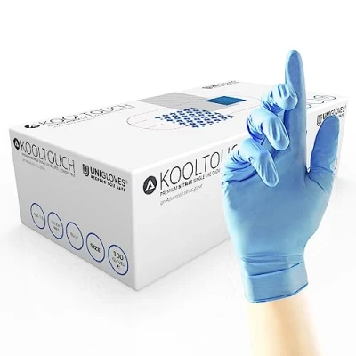 Image of Unigloves Kooltouch Disposable Nitrile Gloves Powder and Latex Free, Medical Grade, Examination Gloves, Ideal for Dentistry, Healthcare Food Processing, Blue, Extra Large