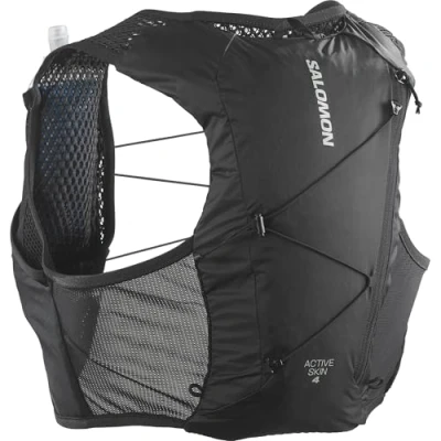 Image of Salomon Active Skin 4 Unisex Running Hydration Vest Hiking Trail With Flasks Included, Precision Fit, 4L, and Optimized Storage, Black, M