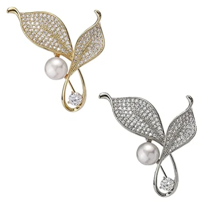 Image of CAREOR 2 Pack Leaves Elegant Brooch Pin Faux Crystal Rhinestones Collar Safety Engraving Metal Lapel Jewelry for Women Girls Clothing Accessories, Gold and Silver