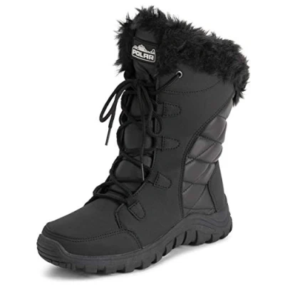 Image of Polar Womens Quilted Faux Fur Cuff Winter Duck Rubber Sole Durable Snow Rain Outdoor Boots Black Leather UK4/EU37 YC0654