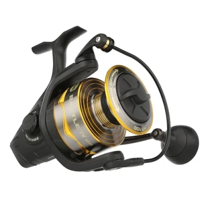 Image of PENN Battle IV Spinning Reel, Saltwater Angler Fishing Sea Fish Lure &amp; Bait, Bass, Pollack, Cod, Mackerel, Wrasse, Aluminum Spool, Robust Ambidextrous 8000 Reel Size 5.1:1 Gear Black, Gold Smoke