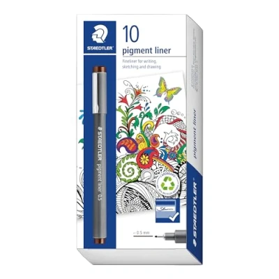 Image of STAEDTLER 308 05 76 Pigment Liner Fineliner Pen for Writing &amp; Technical Drawing Brown, 0.5mm (Box of 10)