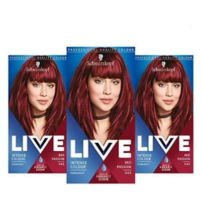 Image of Schwarzkopf Live Intense Colour Red Hair Dye, 3 Pack Permanent with Vibrancy Serum, 043 Passion