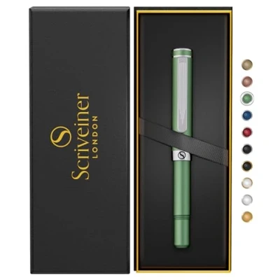 Image of Scriveiner Green Rollerball EDC Luxury Pen, Stunning Pocket Pen with Chrome Finish, Cool Writing Best Gift for Men &amp; Women, German Schmidt Refill, Nice Present, Fancy Office Designer Set