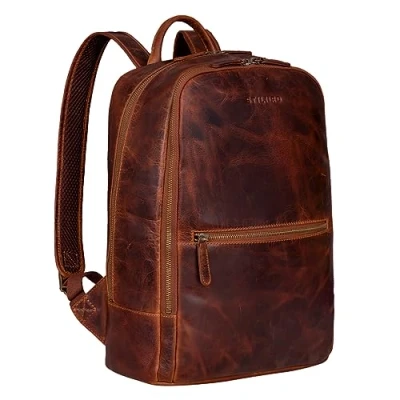 Image of STILORD &#039;Kellis&#039; Backpack Laptop Leather Large Vintage Daypack für 15 inch Notebook DIN A4 Documents for School Business Rucksack in Genuine Leather, Colour:Kara Cognac