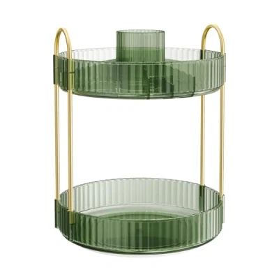 Image of SONGMICS Makeup Organiser Rotating, 2 Tier Round Skincare Organiser, Customisable, Toiletries Cosmetics Gift, Pale Green JKA012C01