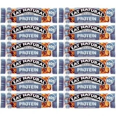 Image of Eat Natural Fruit and Nut bars protein Full case Flavours 12x40g Vegan gluten free, source of fibre, yoghurt coating, berries, peanut (Protein Peanuts &amp; Dark Chocolate)