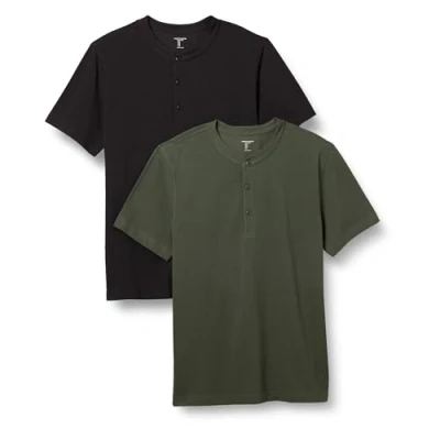 Image of Amazon Essentials Men&#039;s Slim Fit Short Sleeve Pique Henley Shirt, Pack of 2, Black/Olive, XS