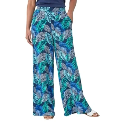 Image of Roman Originals Wide Leg Trousers for Women UK Ladies Palazzo Pants Floral Print Abstract Everyday Holiday Spring Summer Comfy Soft Evening Vacation Work Party Blue Green Size 16