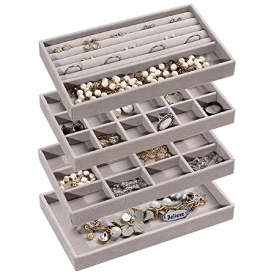 Image of Frebeauty Jewelry Organizer Tray,Stackable Velvet Trays,Drawer Inserts Earring for Women Girls Storage Display Case Rings Stud Necklaces,Set of 4(Grey)