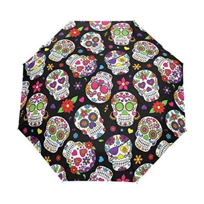 Image of HMZXZ RXYY Day Of The Dead Sugar Skull Floral Folds Auto Open Close Umbrella for Women Men Boys Girls Windproof Compact Travel Lightweight Rain