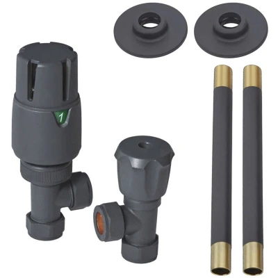 Image of Milano Pair of Anthracite Angled Thermostatic Heated Towel Rail Radiator Valves Pipe Connector Kit