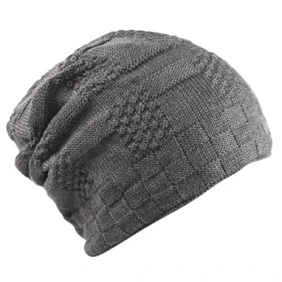 Image of Itzu Unisex Slouch Beanie Waffle Knit Winter Hat Warm Soft Thick Faux Fur Fleece Lining Mens Womens in Grey (Waffle)