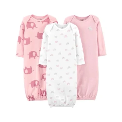 Image of Simple Joys by Carter&#039;s Baby Girls&#039; 3 Pack Cotton Sleeper Gown Wearable Blanket, Light Pink Bunny/White Rainbow/Elephants, 0 Months (Pack of 3)