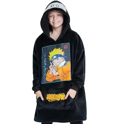 Image of Naruto Oversized Hoodie Blanket for Kids, Anime Boys (Black)