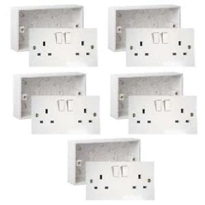 Image of White 2 Gang Twin Double Switched Wall Socket + 25mm Surface Pattress Back Box (Pack of 5)