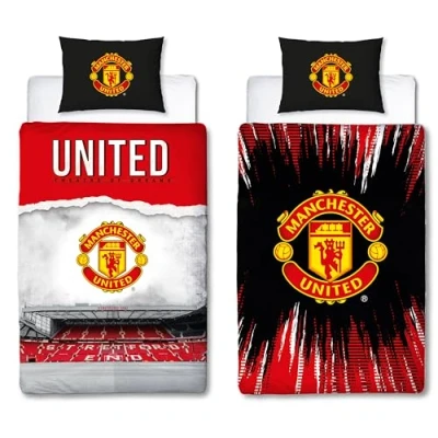 Image of Manchester United FC Official Single Duvet Cover Set, Theatre Design Red Reversible 2 Sided Football Stadium Bedding Merchandise Including Matching Pillow Case
