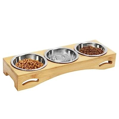 Image of Mivcinn Cat Bowls with Stand, 300ml, Raised Dog Bowl, Rack 3 Stainless Steel Bowls, Food Bowl Bamboo Base, Elevated Feeding Station for Small Dogs and Cats
